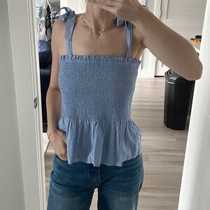 J. Crew Blue Smocked Peplum Bow Tank Top NWOT